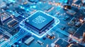 Futuristic Microchip with Digital Overlay on Circuit Board