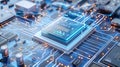 Futuristic Microchip with Digital Overlay on Circuit Board