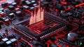 A futuristic microchip embedded in a circuit board, displaying holographic data visualizations, symbolizing advanced technology,