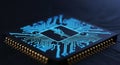 Futuristic Microchip with Glowing Blue Circuitry on a Dark Background, Technology Concept Royalty Free Stock Photo