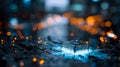 Futuristic microchip glowing with blue circuitry and illuminated orange bokeh lights symbolizing advanced technology and digital Royalty Free Stock Photo