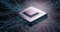 Futuristic microchip with glowing circuit board connections and data streams processor Royalty Free Stock Photo