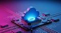 Futuristic microchip with glowing cloud computing symbol representing advanced technology and data processing Royalty Free Stock Photo