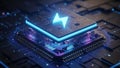 Futuristic Microchip with Glowing Lightning Bolt Symbol and Circuitry technology circuit board Royalty Free Stock Photo