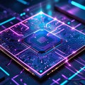 Futuristic Microchip with Glowing Neon Circuitry computer chip processor Royalty Free Stock Photo