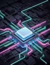 Futuristic microchip with glowing neon circuits on a dark background Royalty Free Stock Photo