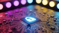 Futuristic Microchip with Glowing Padlock Symbol on Circuit Board with Colorful Lights technology digital Royalty Free Stock Photo
