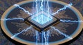 Futuristic microchip processor with glowing blue circuits and electrical energy effects isolated on transparent background Royalty Free Stock Photo