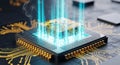 Futuristic microchip processor with glowing blue data streams emanating Royalty Free Stock Photo