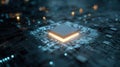 Futuristic Microchip Processor: High-Speed Technology on a Motherboard, Illuminated by Glowing Blue and Orange Light for Data and Royalty Free Stock Photo