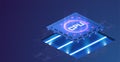 Futuristic microchip processor with lights on the blue background. Microchip processor with lights effects. cybernetic