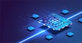 Futuristic microchip processor with lights on the blue background. Quantum computer, large data processing, database Royalty Free Stock Photo