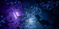 Futuristic microchip technology concept with glowing lines, high tech electronic hardware powering digital data networks, modern Royalty Free Stock Photo