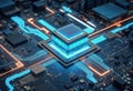 Futuristic microprocessor on a circuit board with glowing blue accents Royalty Free Stock Photo