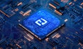 Futuristic microprocessor with glowing blue circuitry, intricate design, and advanced technology features, set against a
