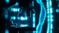 A futuristic microscope hovers over glowing data strands. This image captures the essence of advanced technology in scientific Royalty Free Stock Photo