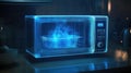 Futuristic microwave hologram with illuminated control panel in dark kitchen Royalty Free Stock Photo