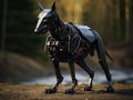 Futuristic military cybernetic robot dog, doberman breed. A dog-like robot. Formidable strength, determination