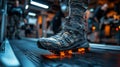 futuristic military exoskeleton boot testing in high-tech lab Royalty Free Stock Photo