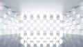 Futuristic minimal interior with a grid of illuminated cubes. Smooth white surfaces, glossy reflections, and soft light create a Royalty Free Stock Photo