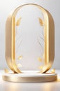 Futuristic minimal scene. Empty podium with leaves in gold and white colors.