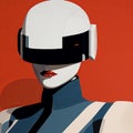 Futuristic Minimalism: Electric Helmet-wearing Woman And Mobile Robot Soldier