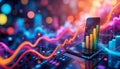 Futuristic mobile data analytics visualization with colorful bar charts emerging from a smartphone. infographic design, mobile