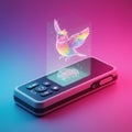 A futuristic mobile device projects a holographic image of a colorful bird with vibrant Royalty Free Stock Photo