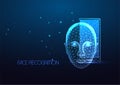 Futuristic mobile face recognition system concept with glowing smartphone and connect abstract face