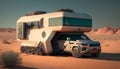 a futuristic mobile home based car, in the middle of the desert. Generative AI