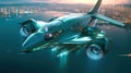 A Futuristic Modern Aircraft Flying on Metro City on Blurry Background