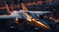 A Futuristic Modern Aircraft Flying on Metro City on Blurry Background