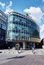 Futuristic modern glass entrance to the headquarters of the investment and development holding INGRAD