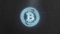 Futuristic modern glowing Bitcoin BTC led logo hologram hover over blue scifi background metallic.
