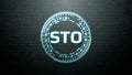 Futuristic modern glowing Security Token Offering STO led logo hologram hover over metallic steel background.