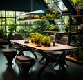 Futuristic modern interior with plants. New technologies green indoor design. Generative AI