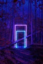 Futuristic modern layout with luminescent glowing neon gates,doorway in glitch dark forest.