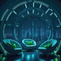 Futuristic Modern Living Room Interior, Neon Lights Glowing Accent, Armchair and Table, Large Panoramic Window, Fantasy Future Royalty Free Stock Photo
