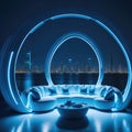 Futuristic Modern Living Room Interior, Neon Lights Glowing Accent, Sofa and Table, Large Panoramic Window, Fantasy Future City Royalty Free Stock Photo