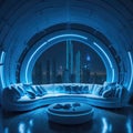 Futuristic Modern Living Room Interior, Neon Lights Glowing Accent, Sofa and Table, Large Panoramic Window, Fantasy Future City Royalty Free Stock Photo