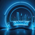 Futuristic Modern Living Room Interior, Neon Lights Glowing Accent, Sofa and Table, Large Panoramic Window, Fantasy Future City Royalty Free Stock Photo