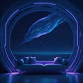 Futuristic Modern Living Room Interior, Neon Lights Glowing Accent, Sofa and Table, Large Panoramic Window, Fantasy Ocean View, Royalty Free Stock Photo