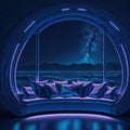 Futuristic Modern Living Room Interior, Neon Lights Glowing Accent, Sofa and Table, Large Panoramic Window, Fantasy Ocean View, Royalty Free Stock Photo