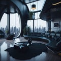 Futuristic Modern Living Room Interior Of Penthouse Loft, Large Windows, Stairs To Second Floor, Sofa and Armchairs, City View, Royalty Free Stock Photo