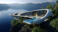Futuristic modern luxury villa with infinity pool on a cliff overlooking lake Royalty Free Stock Photo