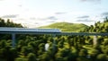 Futuristic, modern Maglev train passing on mono rail. Ecological future concept. Aerial nature view. 3d rendering.