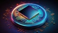Futuristic modern new computer processor chip colorful neon glowing, CPU model of microprocessor Royalty Free Stock Photo