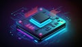 Futuristic modern new computer processor chip colorful neon glowing, CPU model of microprocessor