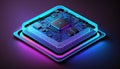 Futuristic modern new computer processor chip colorful neon glowing, CPU model of microprocessor Royalty Free Stock Photo