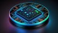 Futuristic modern new computer processor chip colorful neon glowing, CPU model of microprocessor